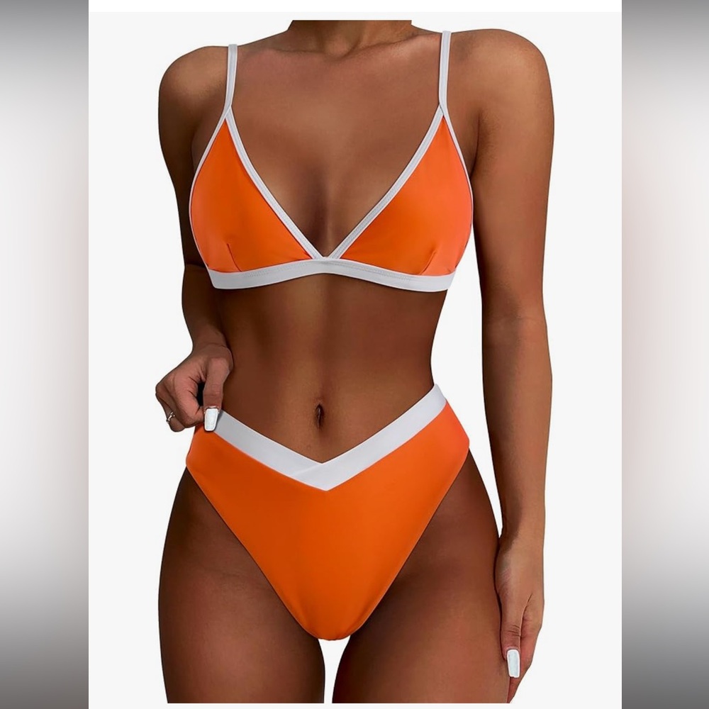 Amazon Orange and White Bikini Set Sporty High-Waisted Design Size M